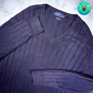 Polo Ralph Lauren Sweater‎ Mens 2XL Pullover V-Neck Navy Chunky Knit Elbow Pads